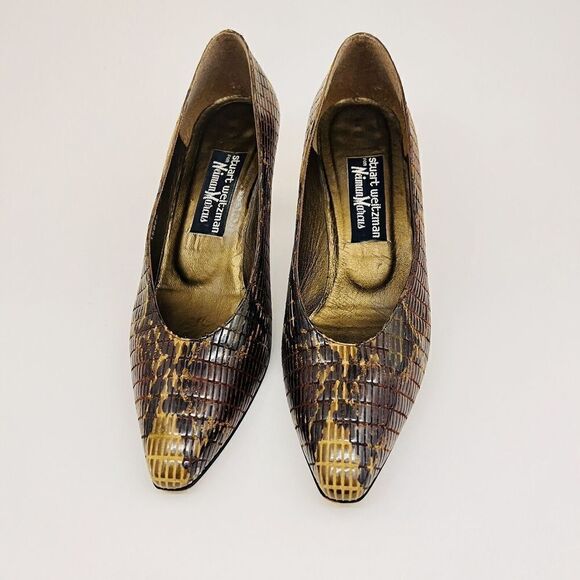 STUART WEITZMAN for Neiman Marcus Sz 8 Snakeskin Pumps Heels Stiletto Brown Gold - Picture 4 of 12
